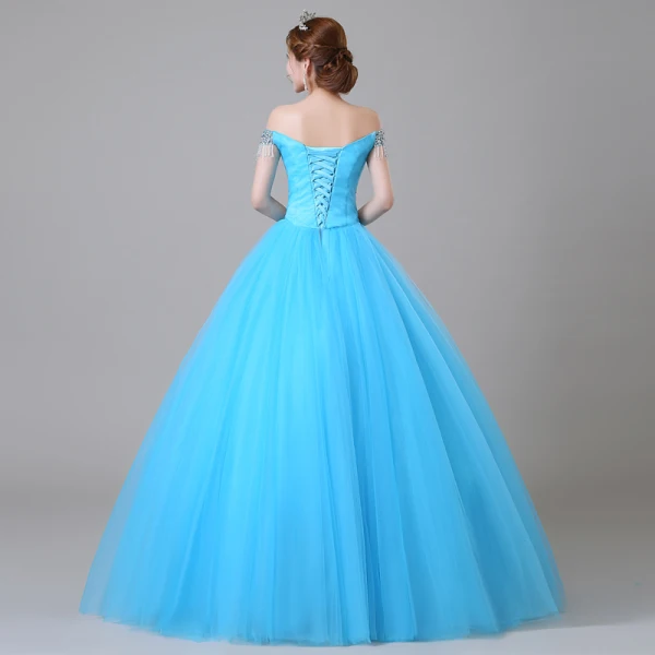 Traditional Pool Blue Prom Dresses 2019 Ball Gown Off-The-Shoulder Crystal Pearl Rhinestone Sequins Short Sleeve Backless Floor-Length / Long Formal Dresses