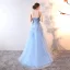 Chic / Belle Bleu Ciel Robe De Soirée 2019 Princesse Bustier Perlage Perle Paillettes Appliques En Dentelle Fleur Sans Manches Dos Nu Longue Robe De Ceremonie