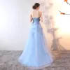 Chic / Beautiful Sky Blue Evening Dresses  2019 A-Line / Princess Strapless Beading Pearl Sequins Appliques Lace Flower Sleeveless Backless Floor-Length / Long Formal Dresses