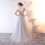 Elegant Grey Evening Dresses  2019 A-Line / Princess V-Neck Bow Pearl Lace Flower Sleeveless Backless Floor-Length / Long Formal Dresses