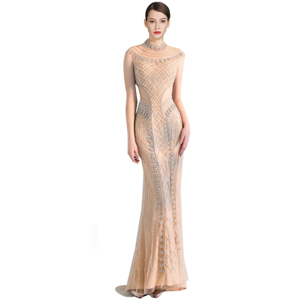 Charmant Champagne Robe De Soirée 2019 Trompette / Sirène Col Haut Fait main Perlage Cristal Sans Manches Longue Robe De Ceremonie