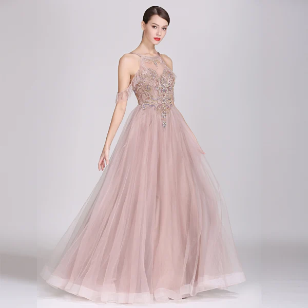 Chic / Beautiful Pearl Pink Evening Dresses 2019 A-Line / Princess Scoop Neck Beading Rhinestone Crystal Pearl Sleeveless Backless Floor-Length / Long Formal Dresses