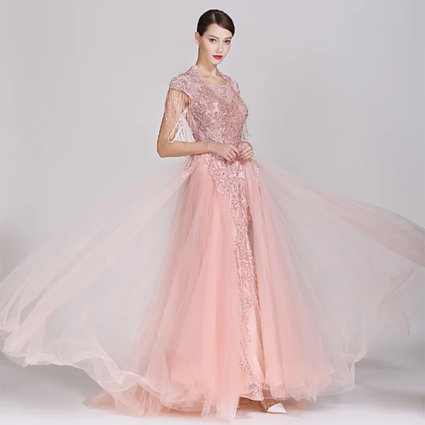 High-end Candy Pink Evening Dresses 2019 A-Line / Princess Square Neckline Handmade Lace Flower Sequins Cap Sleeves Beading Tassel Floor-Length / Long Formal Dresses
