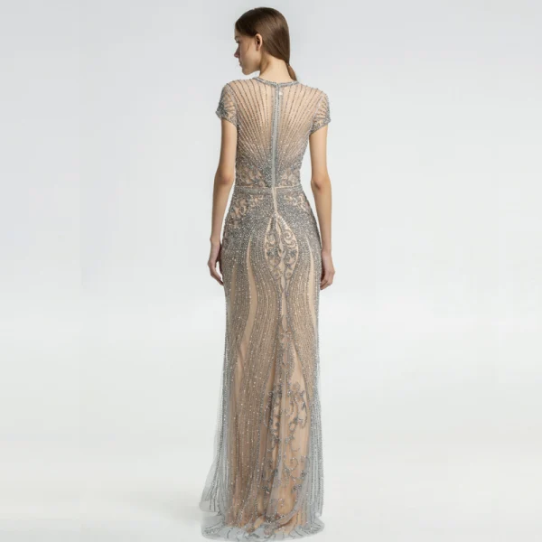 High-end Champagne Evening Dresses 2019 Trumpet / Mermaid Scoop Neck Handmade Beading Crystal Rhinestone Short Sleeve Floor-Length / Long Formal Dresses