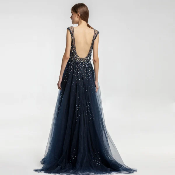 Chic Bleu Marine Robe De Soirée 2019 Princesse V-Cou Fait main Perlage Cristal Faux Diamant Sans Manches Dos Nu Longue Robe De Ceremonie