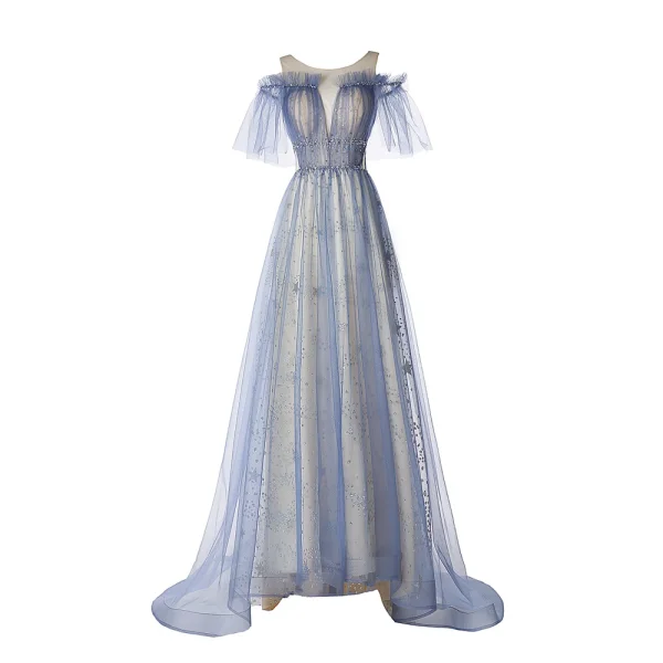 Modern / Fashion Sky Blue Evening Dresses 2019 A-Line / Princess Ruffle Scoop Neck Star Sequins Short Sleeve Backless Sweep Train Formal Dresses