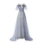 Modern / Fashion Sky Blue Evening Dresses  2019 A-Line / Princess Ruffle Scoop Neck Star Sequins Short Sleeve Backless Sweep Train Formal Dresses