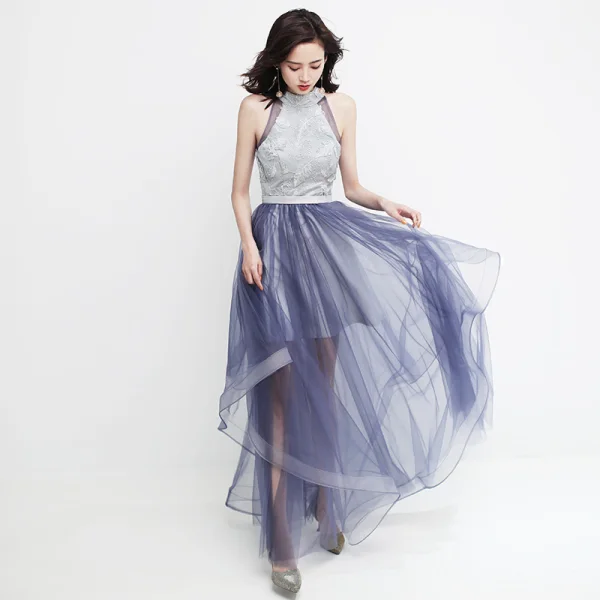 Modern / Fashion Silver Grey Evening Dresses  2019 A-Line / Princess Scoop Neck Lace Sleeveless Cascading Ruffles Floor-Length / Long Formal Dresses