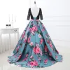 Chic / Beautiful Jade Green Prom Dresses 2018 A-Line / Princess Printing Lace Scoop Neck Backless 3/4 Sleeve Court Train Formal Dresses