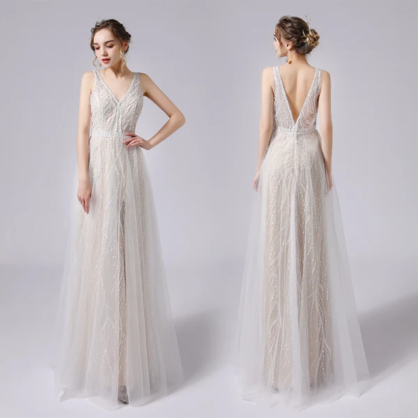 Charmant Ivory / Creme Brautkleider / Hochzeitskleider 2021 A Linie Tiefer V-Ausschnitt Perlenstickerei Pailletten Ärmellos Rückenfreies Lange Hochzeit