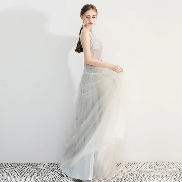 Chic / Beautiful Grey Prom Dresses 2019 A-Line / Princess Square Neckline Beading Rhinestone Sleeveless Backless Floor-Length / Long Formal Dresses