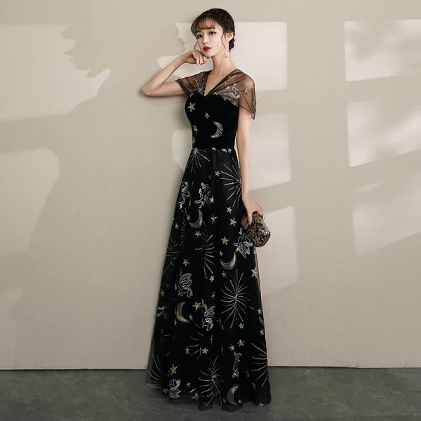 Modern / Fashion Black Evening Dresses  2019 A-Line / Princess V-Neck Lace Star Suede Cap Sleeves Backless Floor-Length / Long Formal Dresses