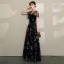 Modern / Fashion Black Evening Dresses  2019 A-Line / Princess V-Neck Lace Star Suede Cap Sleeves Backless Floor-Length / Long Formal Dresses