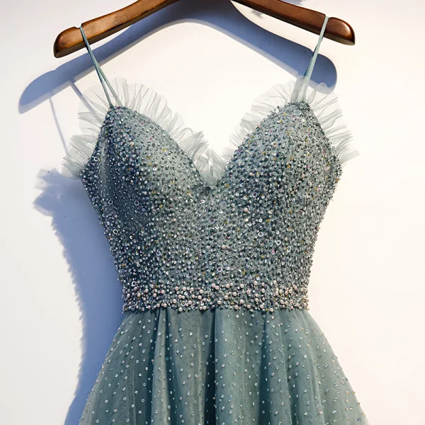 Chic / Beautiful Green Evening Dresses 2019 A-Line / Princess Spaghetti Straps Beading Sequins Rhinestone Sleeveless Backless Floor-Length / Long Formal Dresses