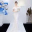 Charmant Couleur Unie Bleu Marine Robe De Soirée 2019 Trompette / Sirène De l'épaule Perlage Paillettes En Dentelle Fleur Manches Courtes Dos Nu Longue Robe De Ceremonie