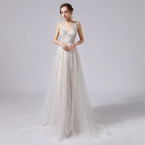 Modern / Fashion Ivory Wedding Dresses 2021 A-Line / Princess Beading Pearl Sequins Lace Flower Deep V-Neck Sleeveless Backless Sweep Train Wedding