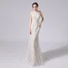 Sexy Champagne Lace Flower Wedding Dresses 2021 Trumpet / Mermaid Scoop Neck Sleeveless Backless Sweep Train Wedding
