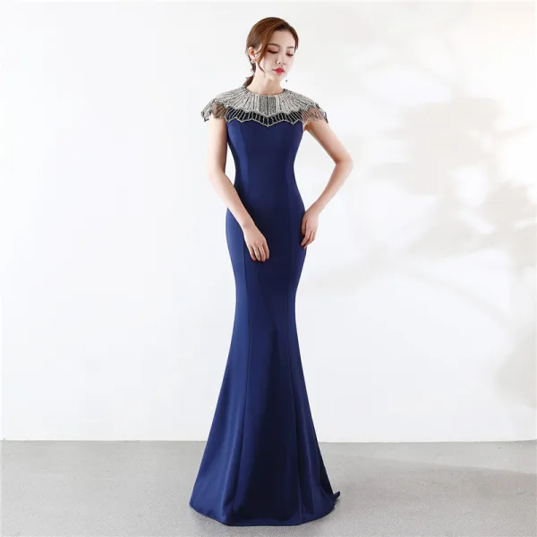Élégant Champagne Robe De Soirée 2019 Trompette / Sirène Encolure Dégagée Perlage Perle Faux Diamant Sans Manches Longue Robe De Ceremonie