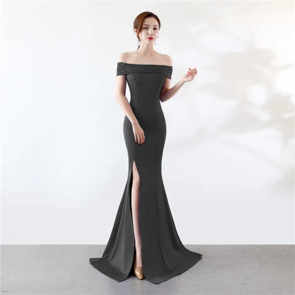 Chic / Belle Couleur Unie Ivoire Robe De Soirée 2019 Trompette / Sirène De l'épaule Faux Diamant En Dentelle Fleur Manches Courtes Dos Nu Fendue devant Longue Robe De Ceremonie