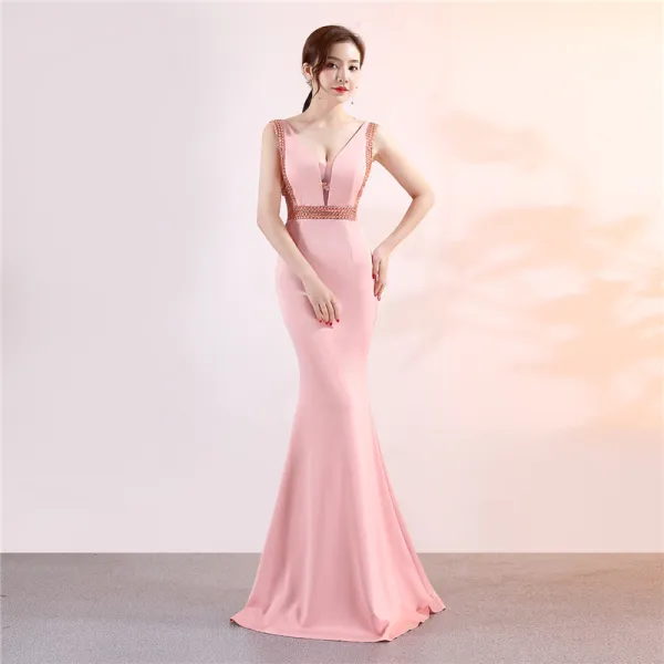 Chic / Belle Bleu Marine Robe De Soirée 2019 Trompette / Sirène V-Cou Perlage Cristal Sans Manches Dos Nu Longue Robe De Ceremonie