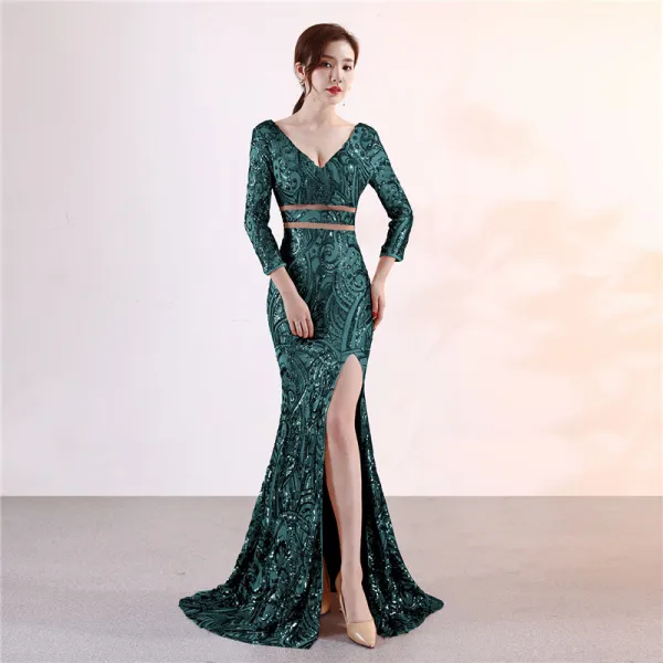 Charmant Doré Robe De Soirée 2019 Trompette / Sirène V-Cou Paillettes 3/4 Manches Dos Nu Fendue devant Longue Robe De Ceremonie