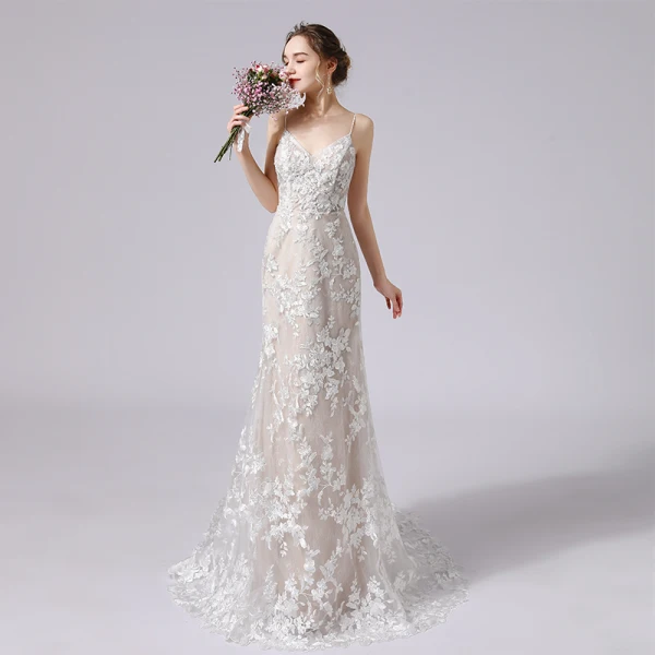 Charming Champagne Wedding Dresses 2021 Trumpet / Mermaid Spaghetti Straps Beading Sequins Lace Flower Sleeveless Backless Court Train Wedding
