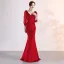 Chic Couleur Unie Bleu Marine Robe De Soirée 2019 Trompette / Sirène Daim V-Cou Perlage Gland 3/4 Manches Longue Robe De Ceremonie