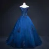 Vintage / Retro Navy Blue Prom Dresses 2019 A-Line / Princess Off-The-Shoulder Beading Crystal Lace Flower Sleeveless Backless Floor-Length / Long Formal Dresses