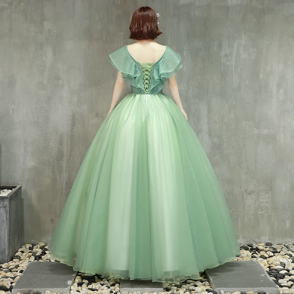 Chic / Beautiful Sage Green Prom Dresses 2019 Ball Gown V-Neck Lace Flower Short Sleeve Backless Floor-Length / Long Formal Dresses