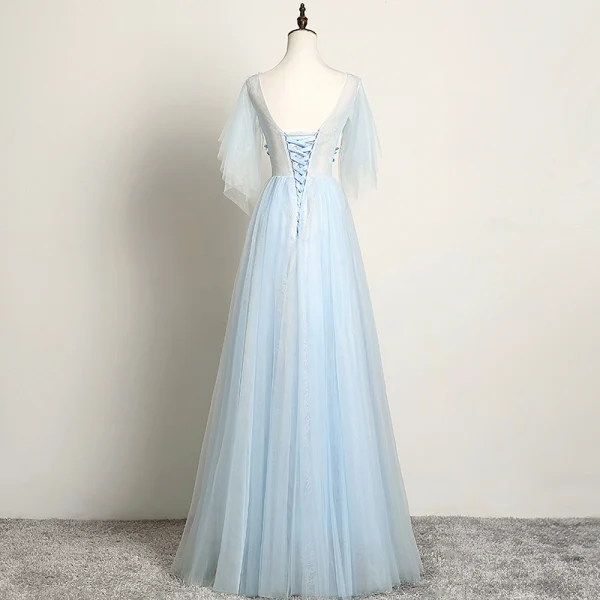 Chic / Beautiful Sky Blue Evening Dresses 2019 A-Line / Princess V-Neck Pearl Rhinestone Lace Flower Short Sleeve Backless Floor-Length / Long Formal Dresses