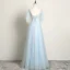 Chic / Beautiful Sky Blue Evening Dresses  2019 A-Line / Princess V-Neck Pearl Rhinestone Lace Flower Short Sleeve Backless Floor-Length / Long Formal Dresses