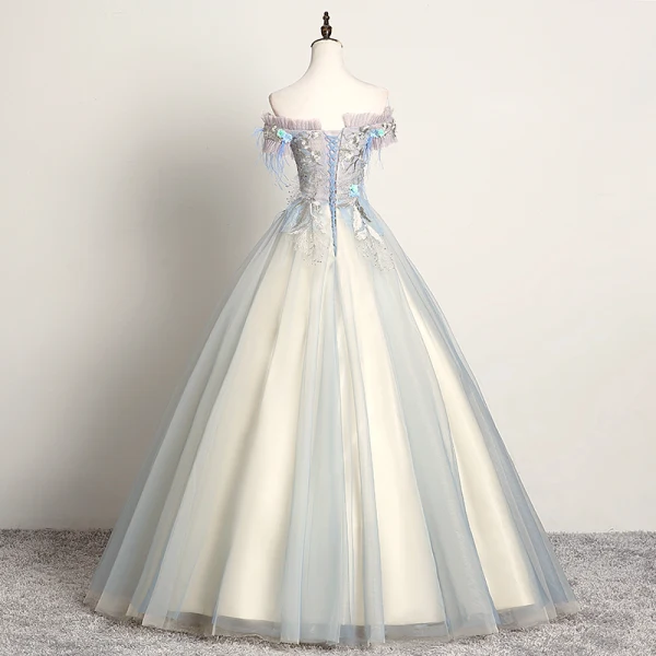 Mode Himmelblau Ballkleider 2019 A Linie Off Shoulder Spitze Blumen Perle Applikationen Kurze Ärmel Rückenfreies Lange Festliche Kleider
