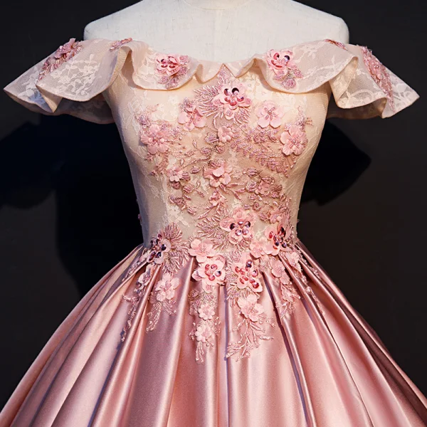 Elegant Candy Pink Prom Dresses 2019 Ball Gown Off-The-Shoulder Beading Appliques Lace Flower Sequins Short Sleeve Backless Floor-Length / Long Formal Dresses