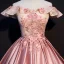 Elegant Candy Pink Prom Dresses 2019 Ball Gown Off-The-Shoulder Beading Appliques Lace Flower Sequins Short Sleeve Backless Floor-Length / Long Formal Dresses