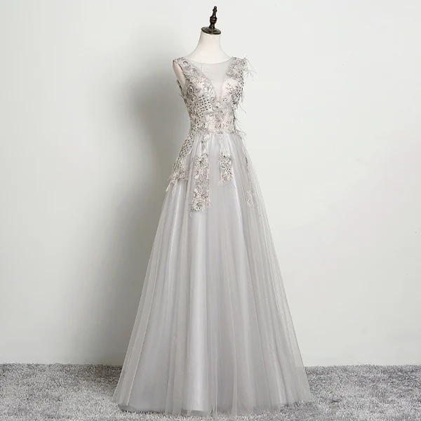 Chic / Belle Gris Robe De Soirée 2019 Princesse Sans Manches Perlage Faux Diamant En Dentelle Fleur Encolure Dégagée Dos Nu Longue Robe De Ceremonie