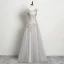 Chic / Belle Gris Robe De Soirée 2019 Princesse Sans Manches Perlage Faux Diamant En Dentelle Fleur Encolure Dégagée Dos Nu Longue Robe De Ceremonie