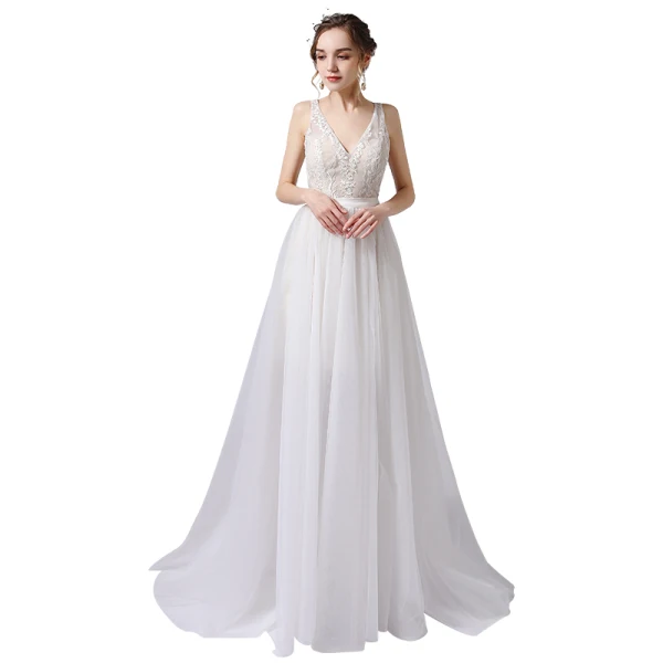 Schlicht Champagner Brautkleider / Hochzeitskleider 2021 A Linie V-Ausschnitt Ärmellos Rückenfreies Spitze Blumen Sweep / Pinsel Zug Hochzeit