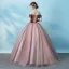 Elegant Blushing Pink Quinceañera Prom Dresses 2019 Ball Gown Off-The-Shoulder Appliques Lace Flower Bow Short Sleeve Backless Floor-Length / Long Formal Dresses