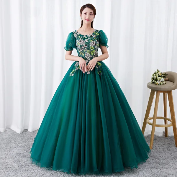 Chic / Beautiful Dark Green Prom Dresses 2019 Ball Gown Scoop Neck Rhinestone Lace Flower Short Sleeve Backless Floor-Length / Long Formal Dresses