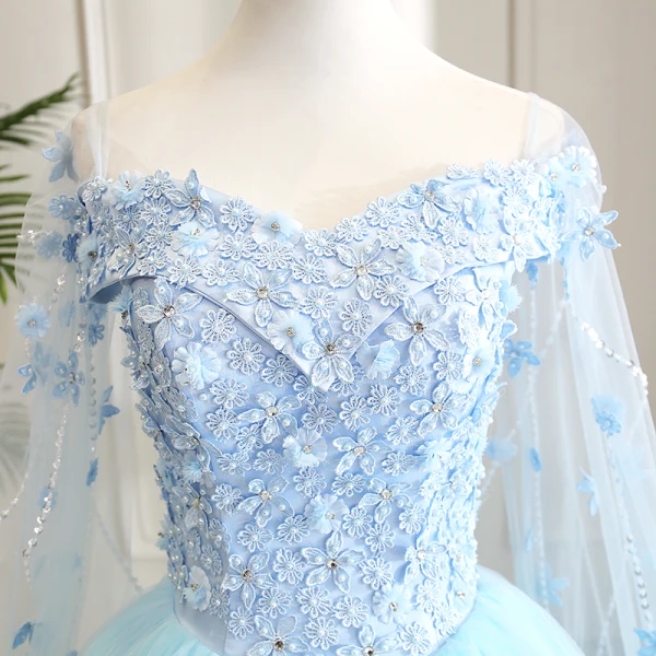 Modern / Fashion Pool Blue Prom Dresses 2019 A-Line / Princess Square Neckline Appliques Lace Flower Pearl Rhinestone Short Sleeve Backless Watteau Train Formal Dresses