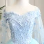 Modern / Fashion Pool Blue Prom Dresses 2019 A-Line / Princess Square Neckline Appliques Lace Flower Pearl Rhinestone Short Sleeve Backless Watteau Train Formal Dresses
