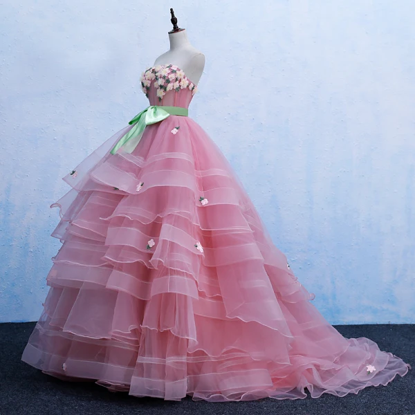 Schöne Pink Ballkleider 2019 Ballkleid Bandeau Schleife Spitze Blumen Ärmellos Rückenfreies Fallende Rüsche Sweep / Pinsel Zug Festliche Kleider