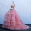 Schöne Pink Ballkleider 2019 Ballkleid Bandeau Schleife Spitze Blumen Ärmellos Rückenfreies Fallende Rüsche Sweep / Pinsel Zug Festliche Kleider