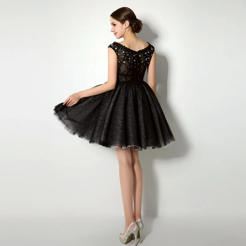 Chic Beautiful Black Cocktail Dresses 2018 Ball Gown Crystal Sequins Lace  Square Neckline Sleeveless Short Formal Dresses