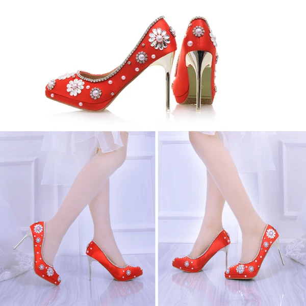 Charming Red Wedding Shoes 2019 Leather Pearl Rhinestone 10 cm Stiletto Heels Pointed Toe Wedding Pumps