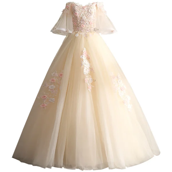 Chic / Beautiful Champagne Prom Dresses 2019 A-Line / Princess Off-The-Shoulder Lace Flower Appliques Pearl Sequins 1/2 Sleeves Backless Floor-Length / Long Formal Dresses