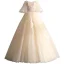 Chic / Beautiful Champagne Prom Dresses 2019 A-Line / Princess Off-The-Shoulder Lace Flower Appliques Pearl Sequins 1/2 Sleeves Backless Floor-Length / Long Formal Dresses