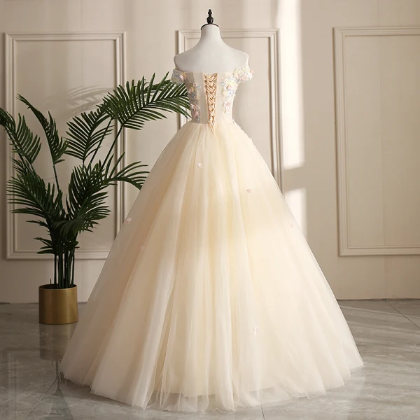 Chic / Beautiful Champagne Prom Dresses 2019 A-Line / Princess Off-The-Shoulder Pearl Sequins Lace Flower Appliques Sleeveless Backless Floor-Length / Long Formal Dresses