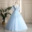 Classy Sky Blue Prom Dresses 2019 A-Line / Princess V-Neck Pearl Sequins Lace Flower Short Sleeve Backless Floor-Length / Long Formal Dresses