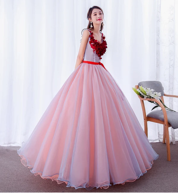Mode Pink Ballkleider 2019 Ballkleid Applikationen Rundhalsausschnitt Perle Spitze Blumen Schleife Ärmellos Rückenfreies Lange Festliche Kleider